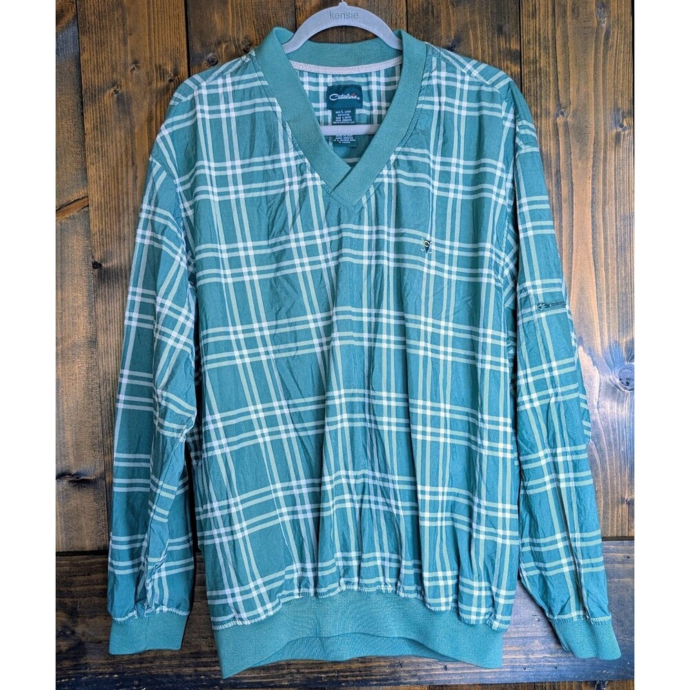 Vintage Catalina Golf Pullover Windbreaker Mens L Green Plaid V Neck Nylon...
